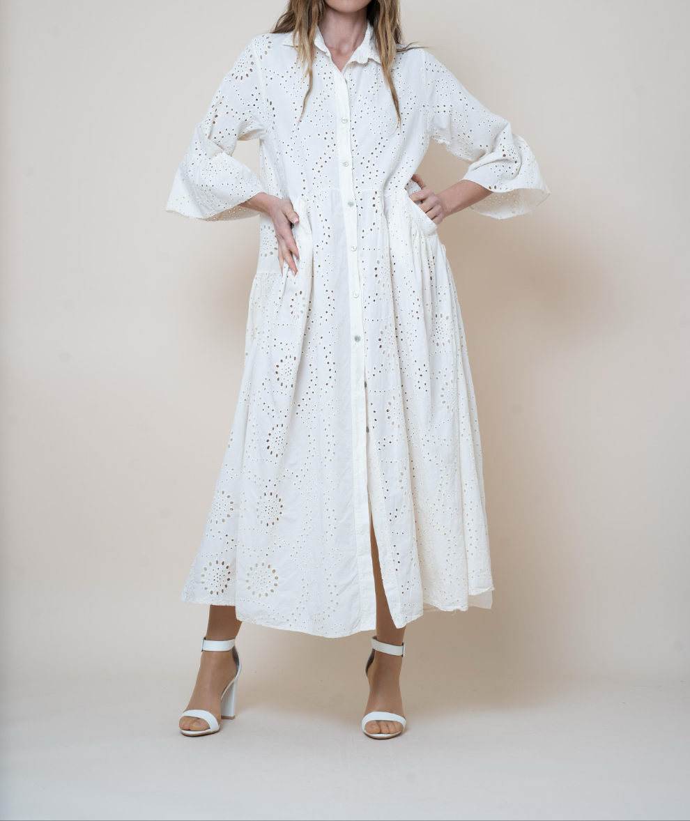 Vestido Camisero Largo de Encaje Bordado Blanco