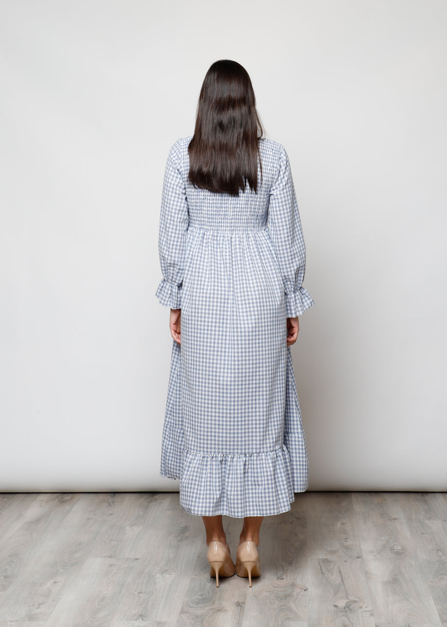 Vestido largo de cuadros con volantes       AGOTADO