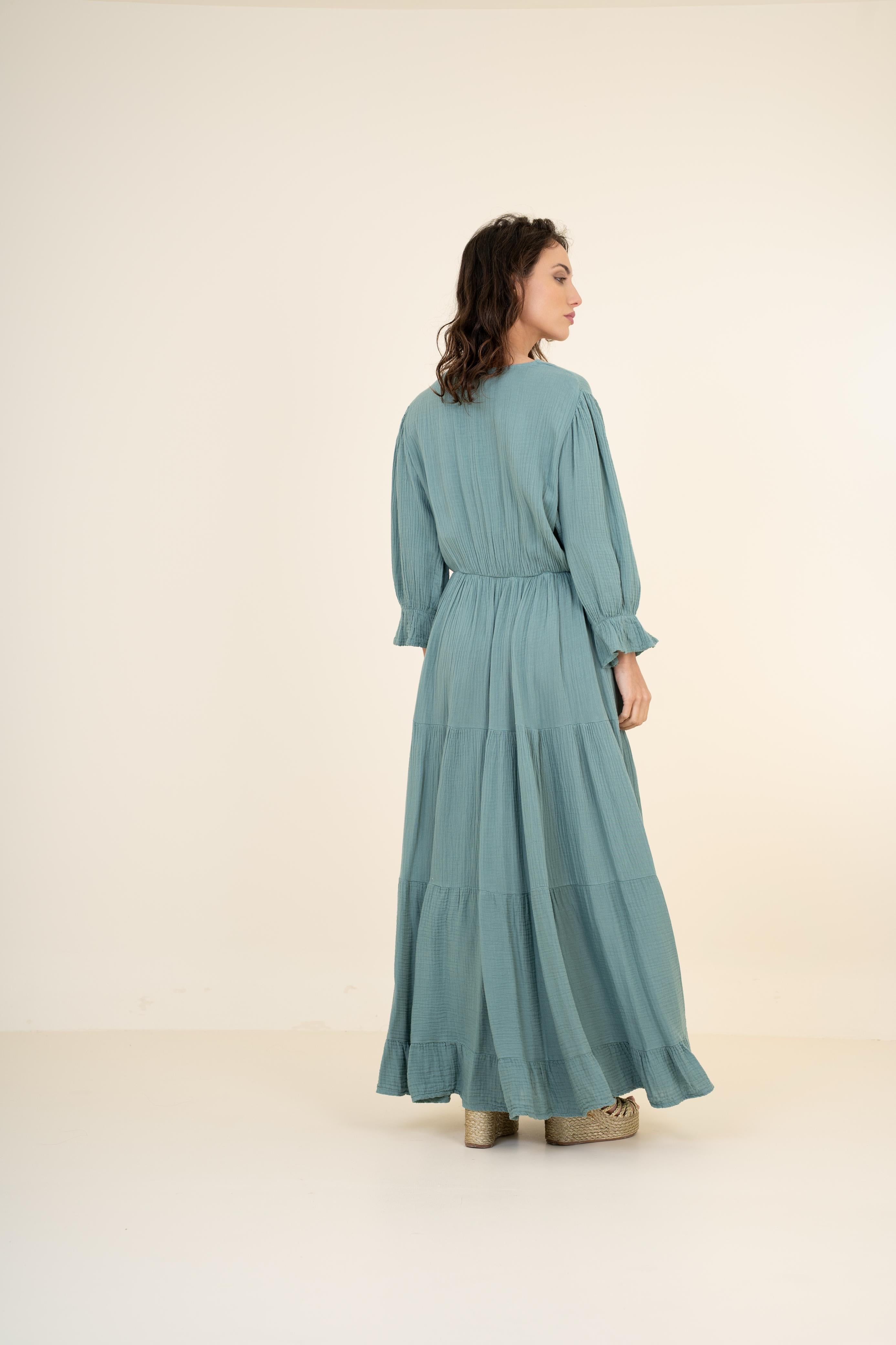 Vestido Maxi con Escote Cruzado y Manga Larga