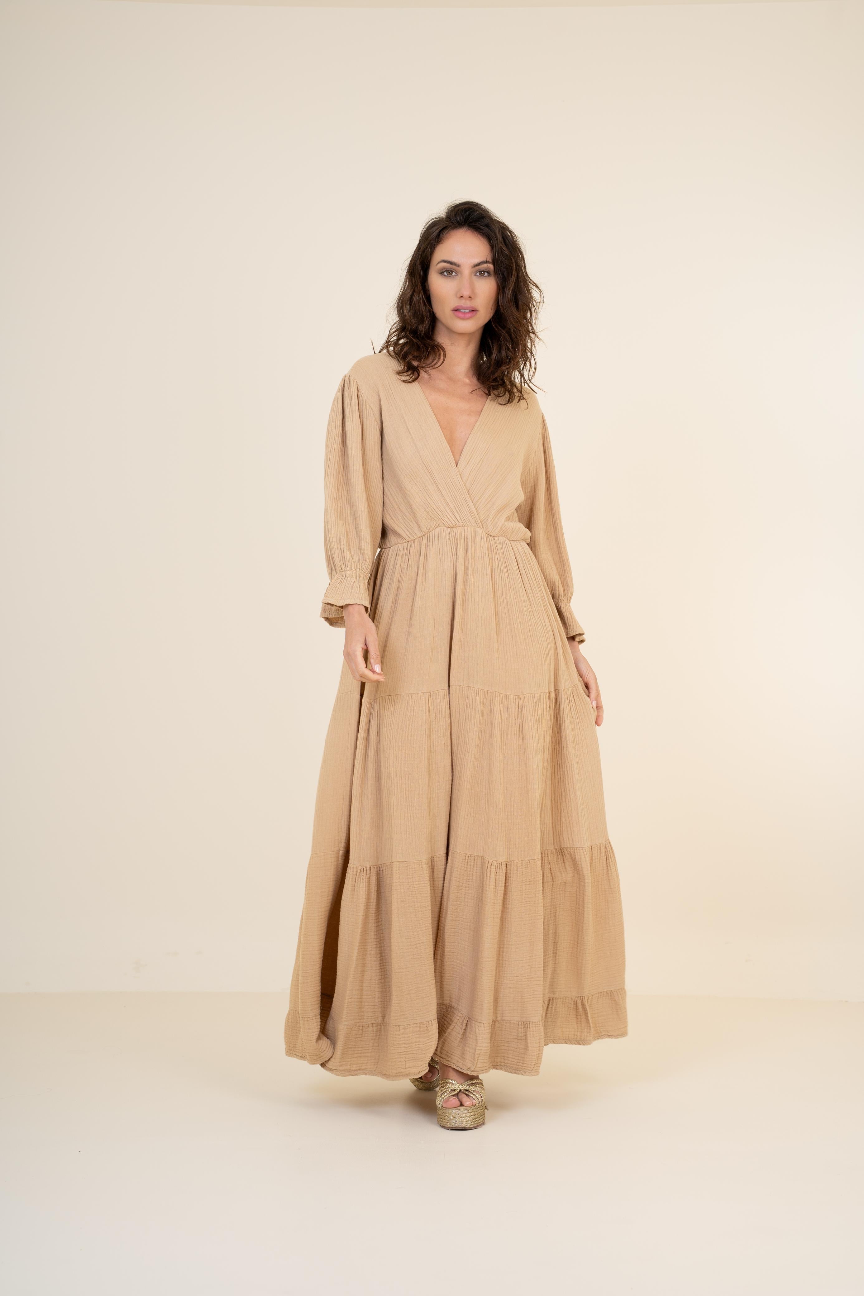 Vestido Maxi con Escote Cruzado y Manga Larga