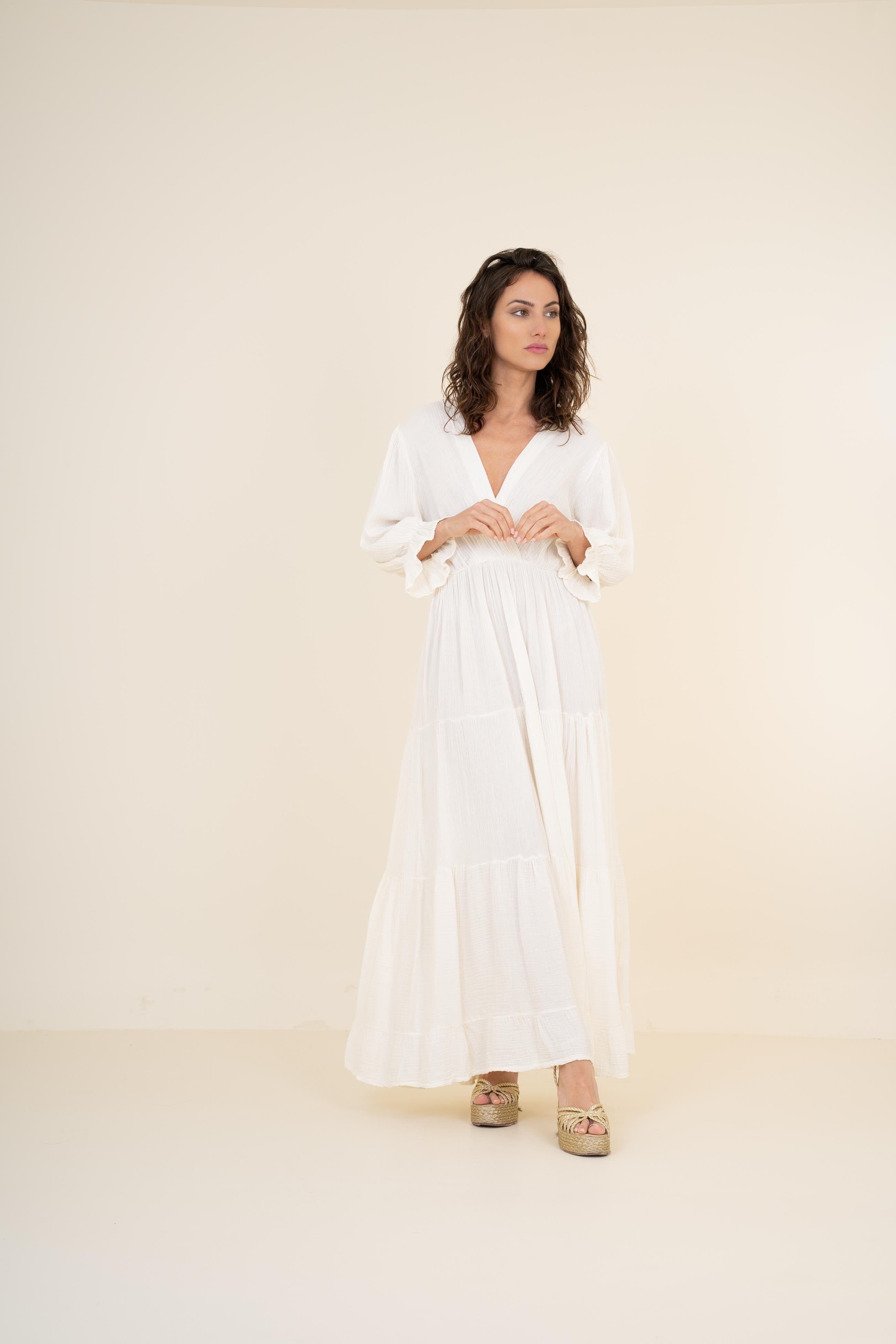 Vestido Maxi con Escote Cruzado y Manga Larga